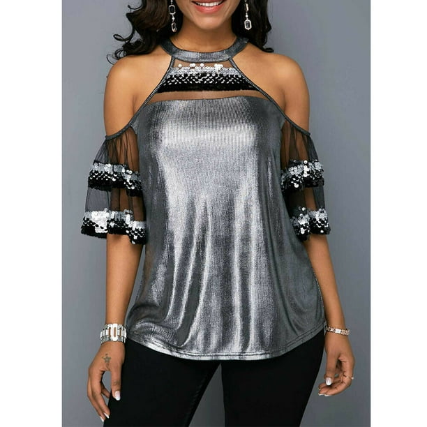 Women Casual Sequined Bling Loose Blouse T-Shirt Off Shoulder Half Sleeve Tops Women Casual Sequined Bling Loose Blouse T-Shirt Off Shoulder Half Sleeve Tops